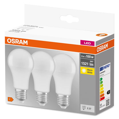 Osram LED Base Classic A Lampada, a Forma di Lampadina con Attacco E27, non dimmerabile, Sostituisce 100 watt, Opaca, Bianco Freddo, 4000 Kelvin, Confezione da 3