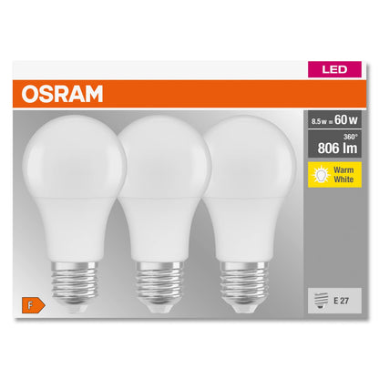 Osram LED Base Classic A Lampada, a Forma di Lampadina con Attacco E27, non dimmerabile, Sostituisce 100 watt, Opaca, Bianco Freddo, 4000 Kelvin, Confezione da 3