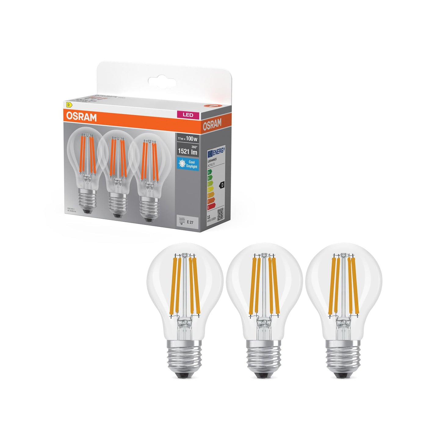 Osram LED Base Classic A Lampada, a Forma di Lampadina con Attacco E27, non dimmerabile, Sostituisce 100 watt, Opaca, Bianco Freddo, 4000 Kelvin, Confezione da 3