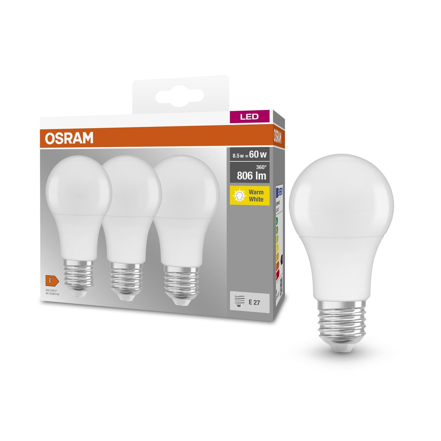 Osram LED Base Classic A Lampada, a Forma di Lampadina con Attacco E27, non dimmerabile, Sostituisce 100 watt, Opaca, Bianco Freddo, 4000 Kelvin, Confezione da 3