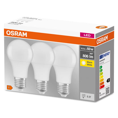 Osram LED Base Classic A Lampada, a Forma di Lampadina con Attacco E27, non dimmerabile, Sostituisce 100 watt, Opaca, Bianco Freddo, 4000 Kelvin, Confezione da 3