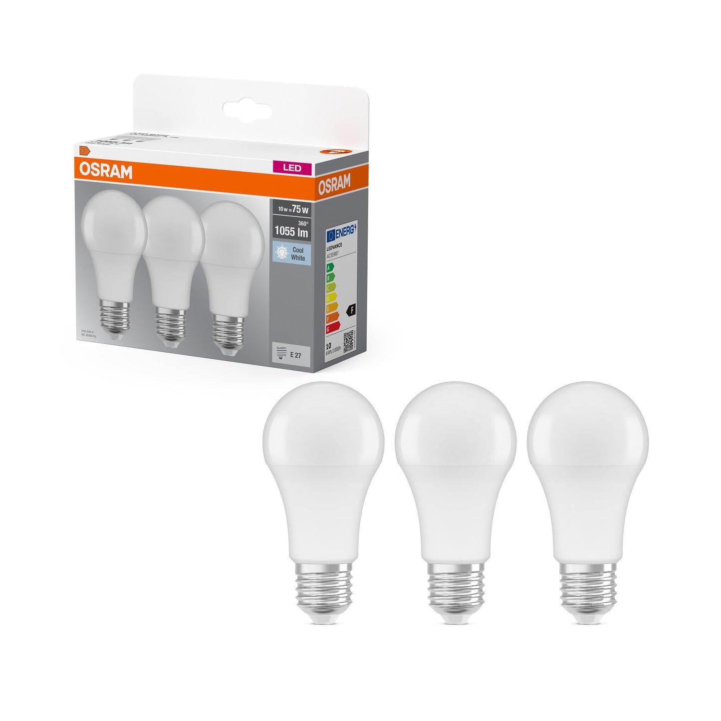 Osram LED Base Classic A Lampada, a Forma di Lampadina con Attacco E27, non dimmerabile, Sostituisce 100 watt, Opaca, Bianco Freddo, 4000 Kelvin, Confezione da 3