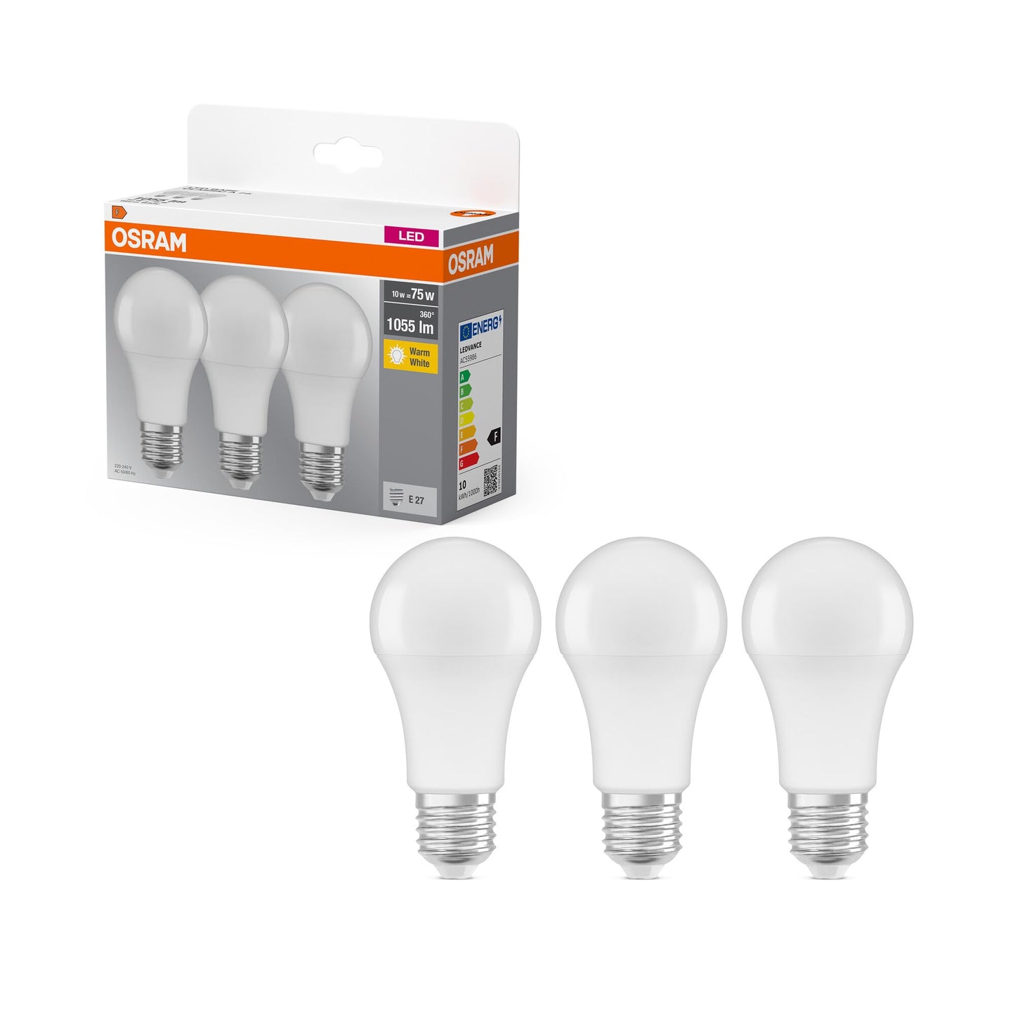 Osram LED Base Classic A Lampada, a Forma di Lampadina con Attacco E27, non dimmerabile, Sostituisce 100 watt, Opaca, Bianco Freddo, 4000 Kelvin, Confezione da 3