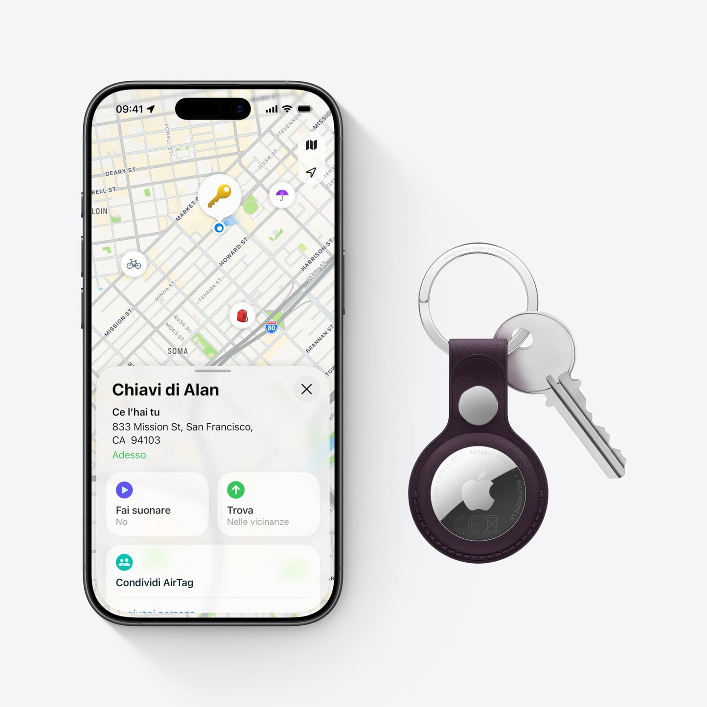 Apple AirTag (seconda generazione): utile per localizzare portachiavi, portafogli e molto altro; funziona emettendo un suono; si configura con un semplice tap da iPhone o iPad