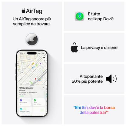 Apple AirTag (seconda generazione): utile per localizzare portachiavi, portafogli e molto altro; funziona emettendo un suono; si configura con un semplice tap da iPhone o iPad