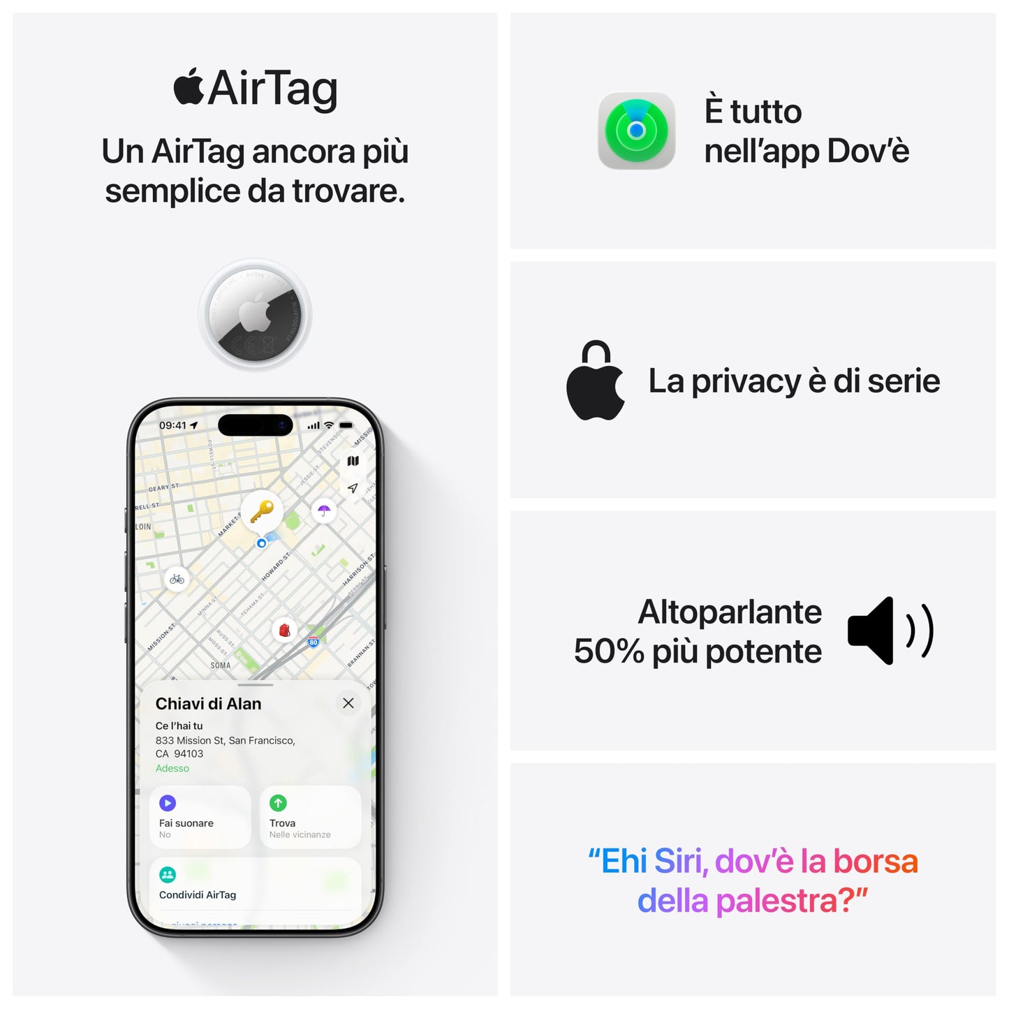Apple AirTag (seconda generazione): utile per localizzare portachiavi, portafogli e molto altro; funziona emettendo un suono; si configura con un semplice tap da iPhone o iPad